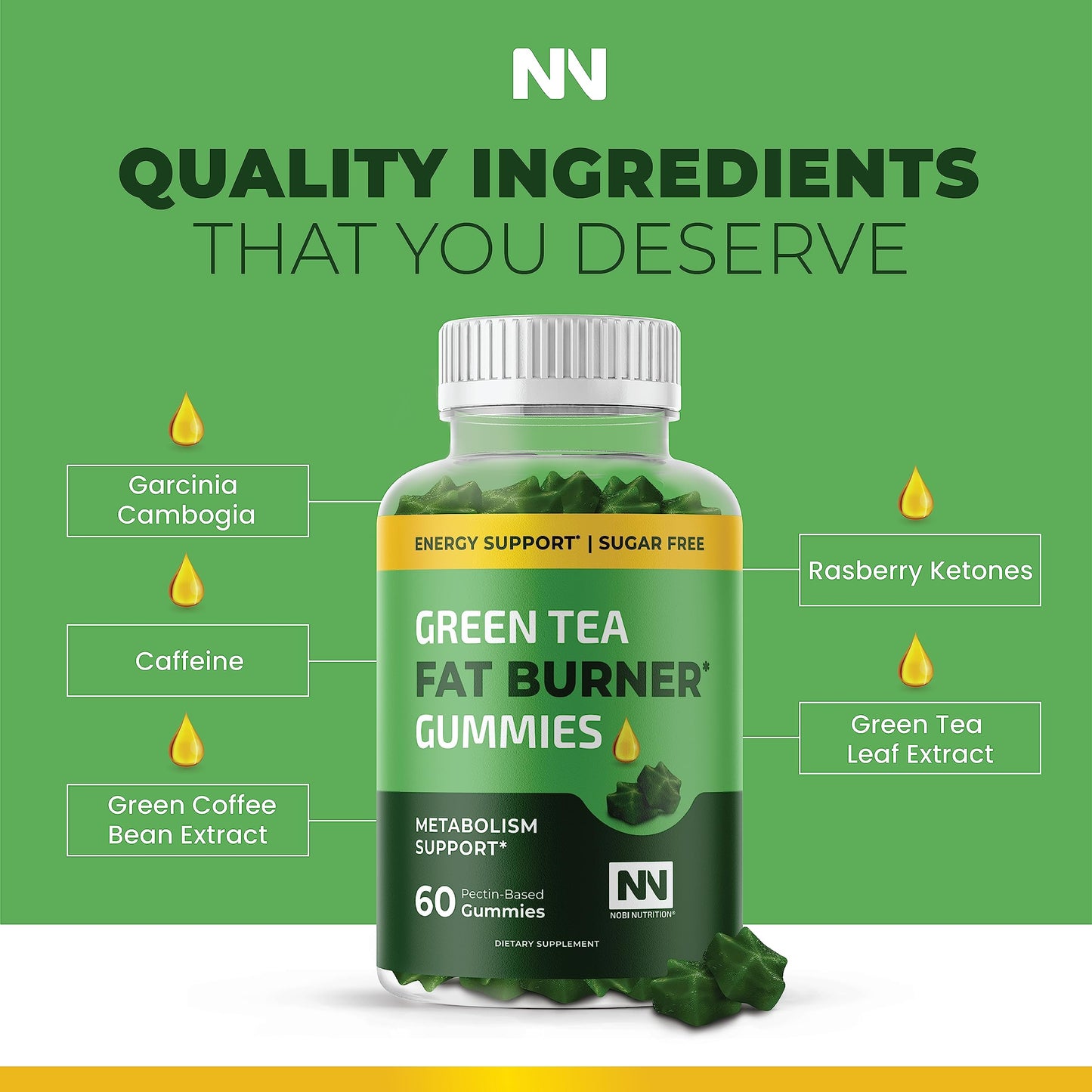 Nobi Nutrition Green Tea Fat Burner Gummies for Weight Loss | Metabolism Boost