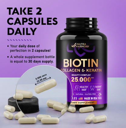 Biotin | Collagen | Keratin | Hyaluronic Acid - Hair Growth Support Pills, 25000 mcg