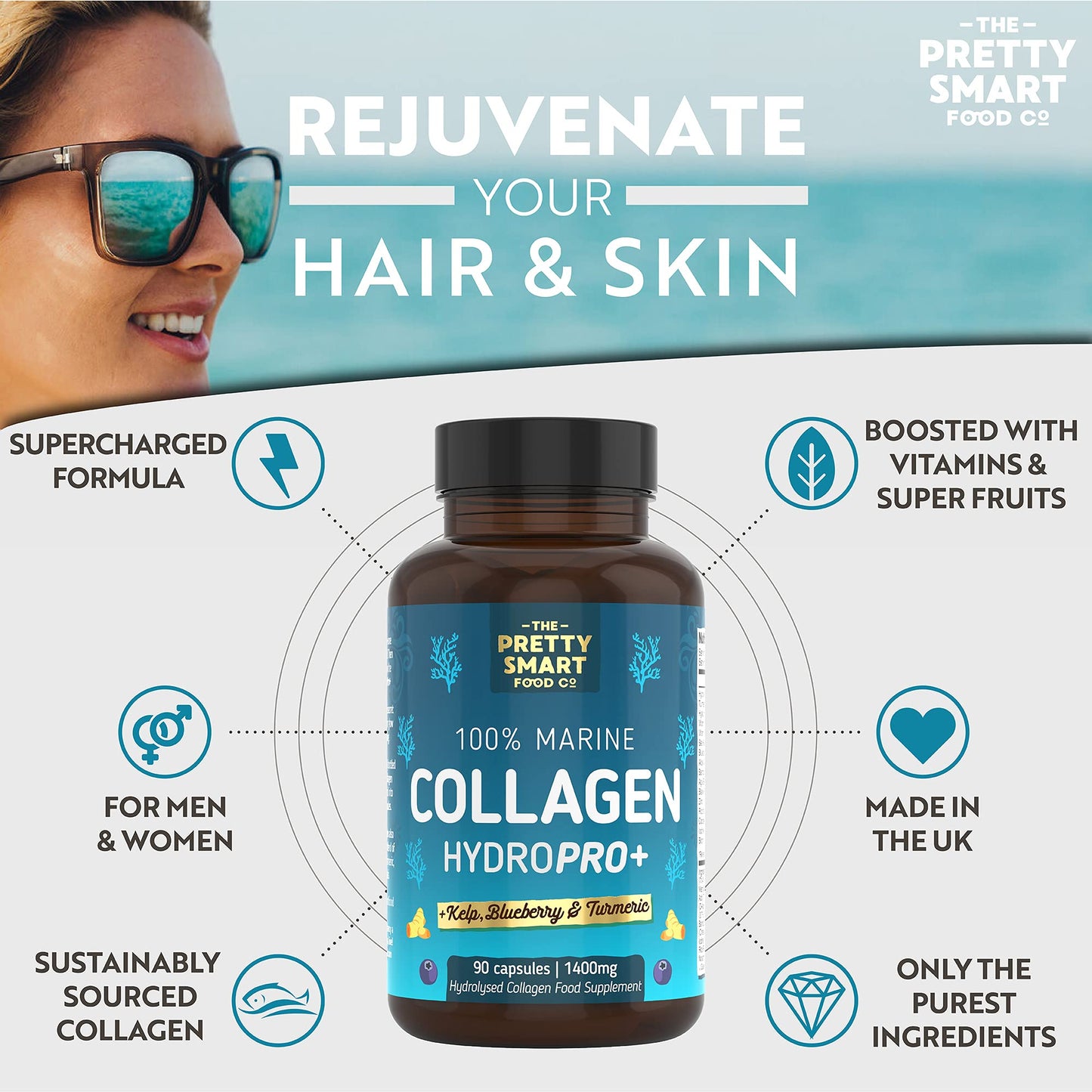 Powerful Marine Collagen Tablets - with Hyaluronic Acid, Biotin & Blueberry - 1400MG Complex - Hydrolysed Type 1