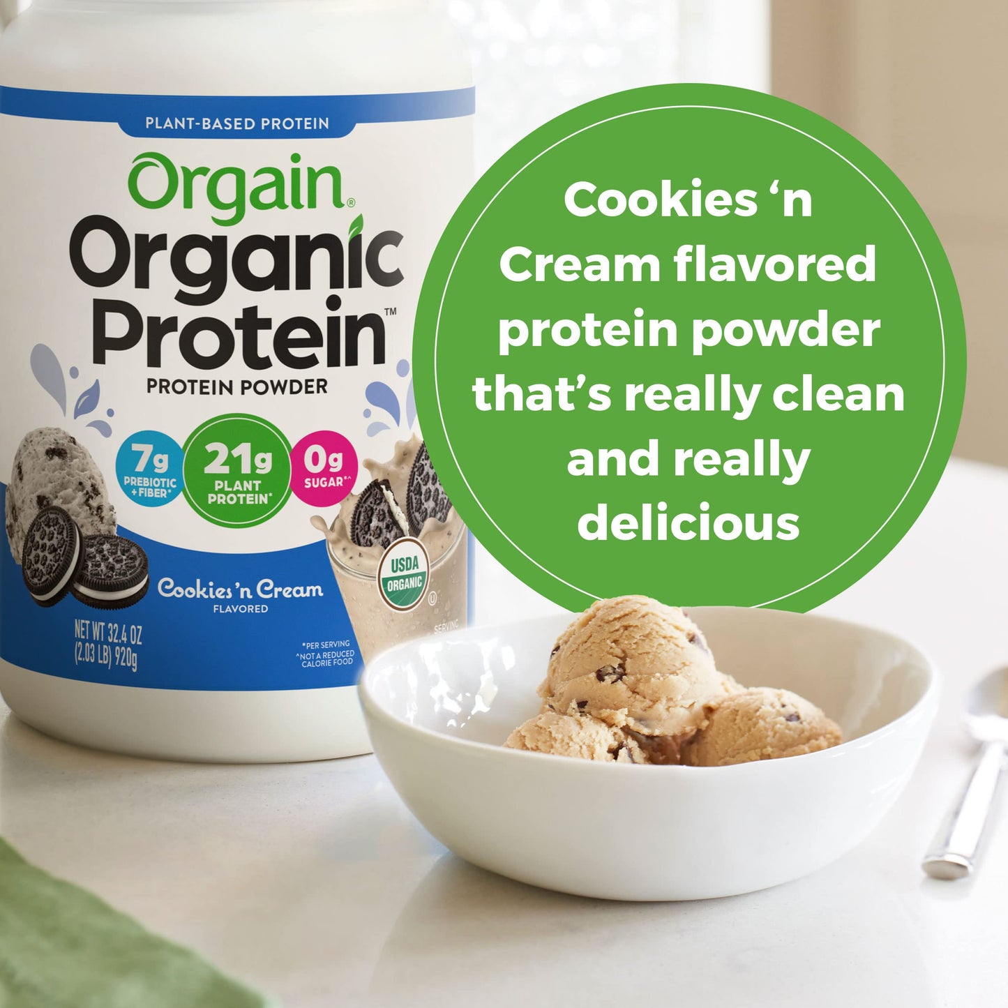 Orgain Organic Vegan Protein Powder, Cookies and Cream - 21g Plant Based Protein