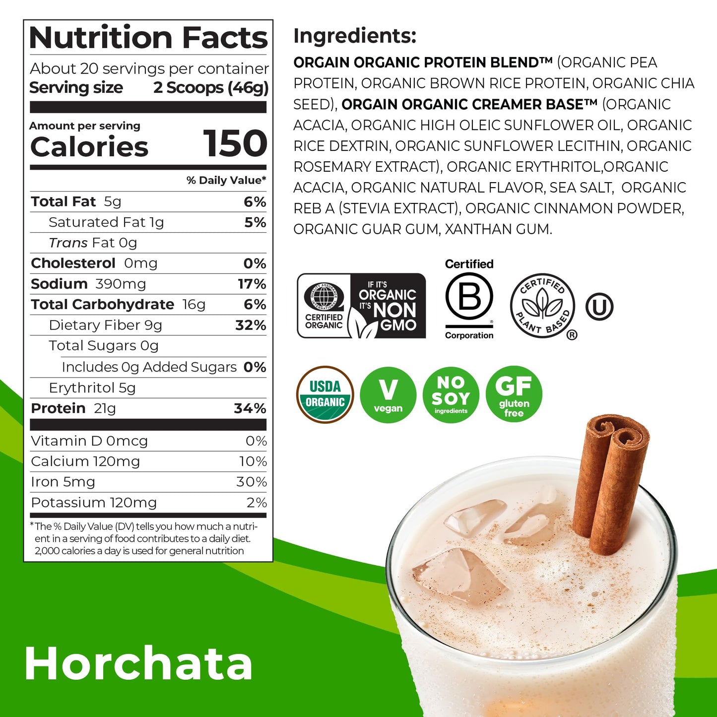 Orgain Organic Vegan Protein Powder, Horchata - 21g of Plant Based Protein, Low Net