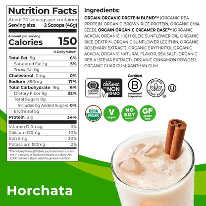 Orgain Organic Vegan Protein Powder, Horchata - 21g of Plant Based Protein, Low Net