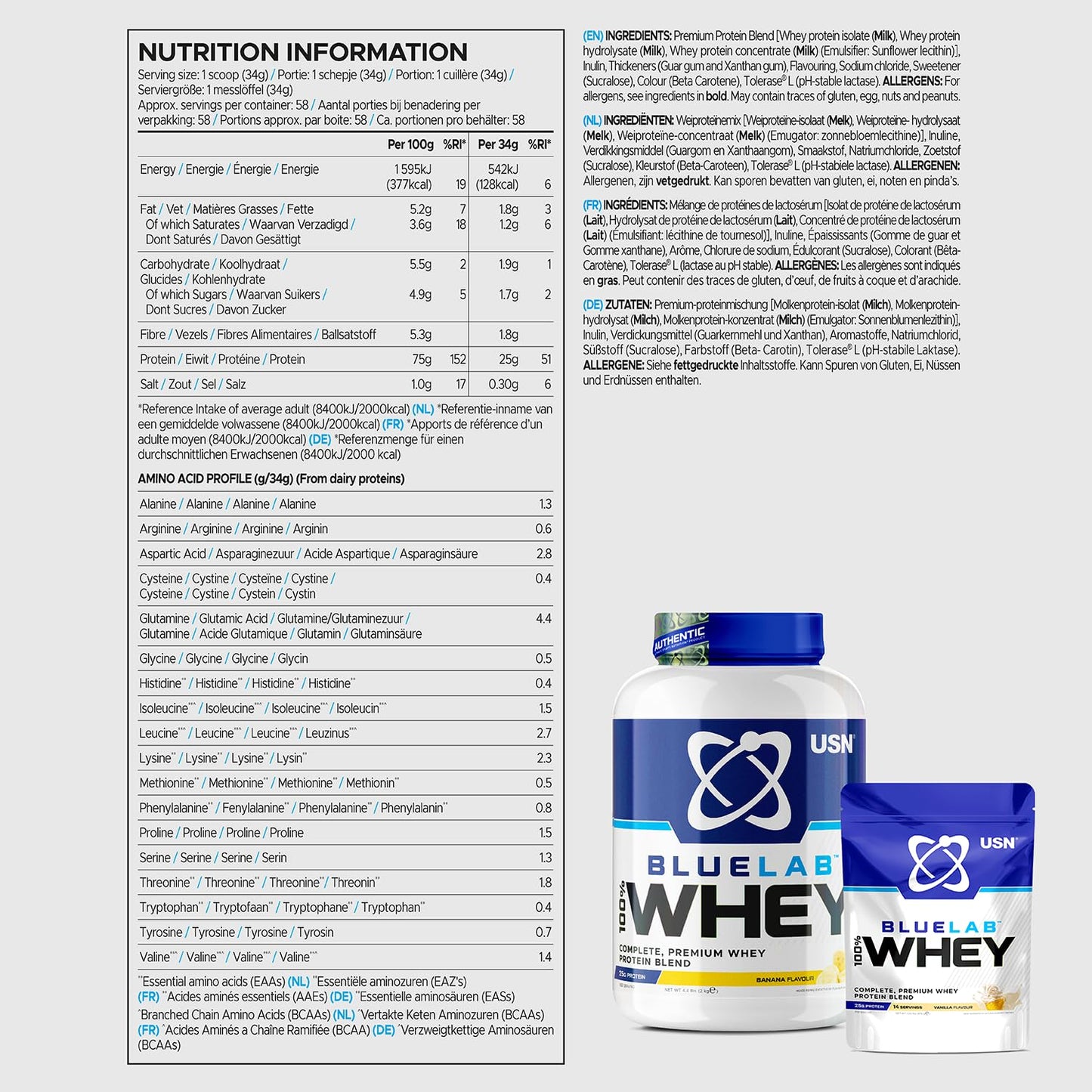 USN Blue Lab Whey Protein Powder: Banana - Whey Protein 908g - Post-Workout