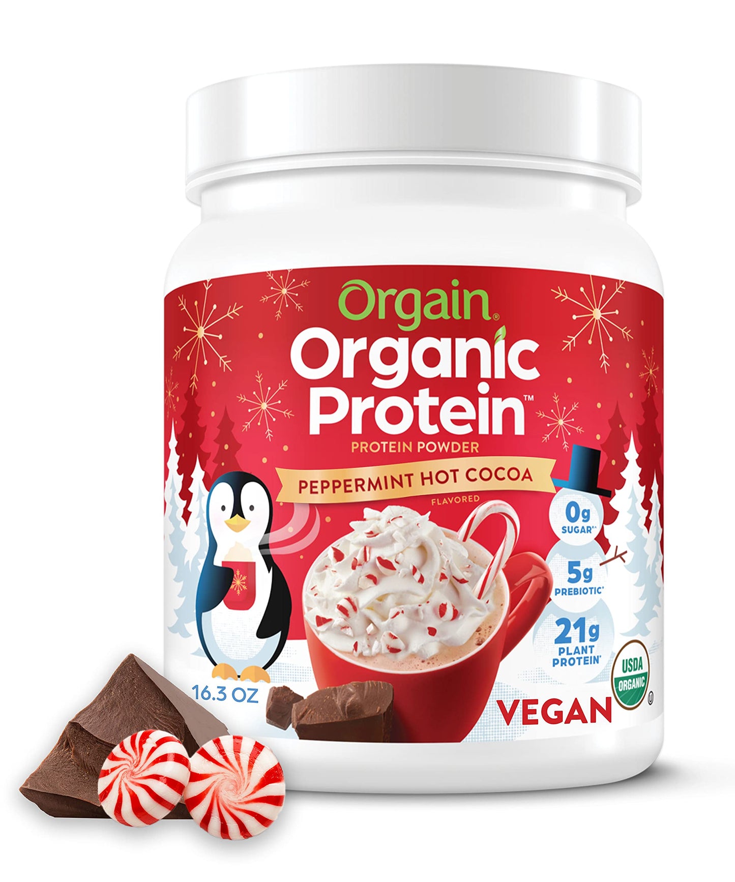 Orgain Organic Vegan Protein Powder, Peppermint Hot Cocoa Seasonal Holiday Flavor 