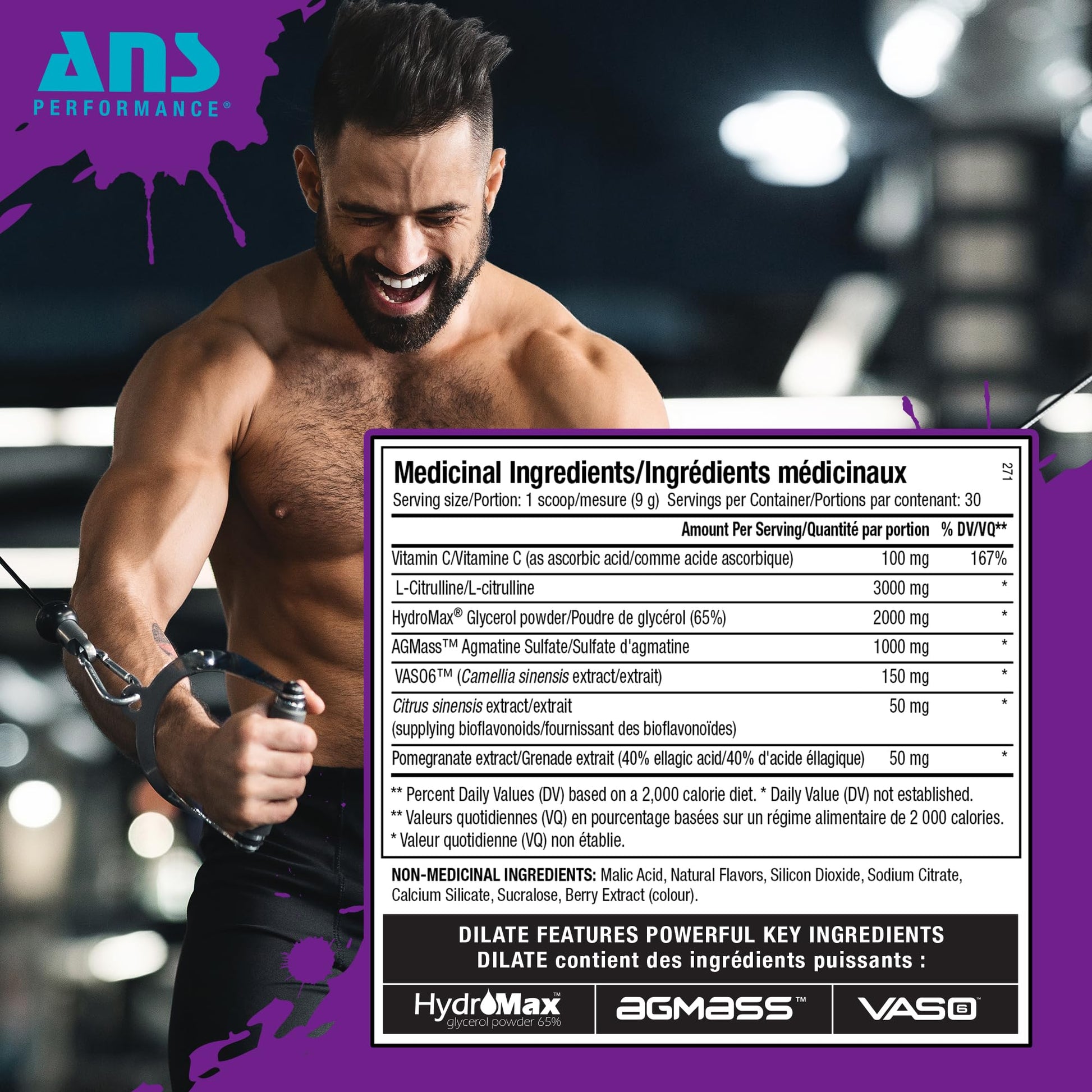 ANS Performance Dilate Pump PreWorkout Powder - Dietary Supplement - Maximizes Muscle Growth, Strength Performance - No Stims, Beta-Alanine, Creatine, Glacier Grape - 30 Servings (Glacier Grape)