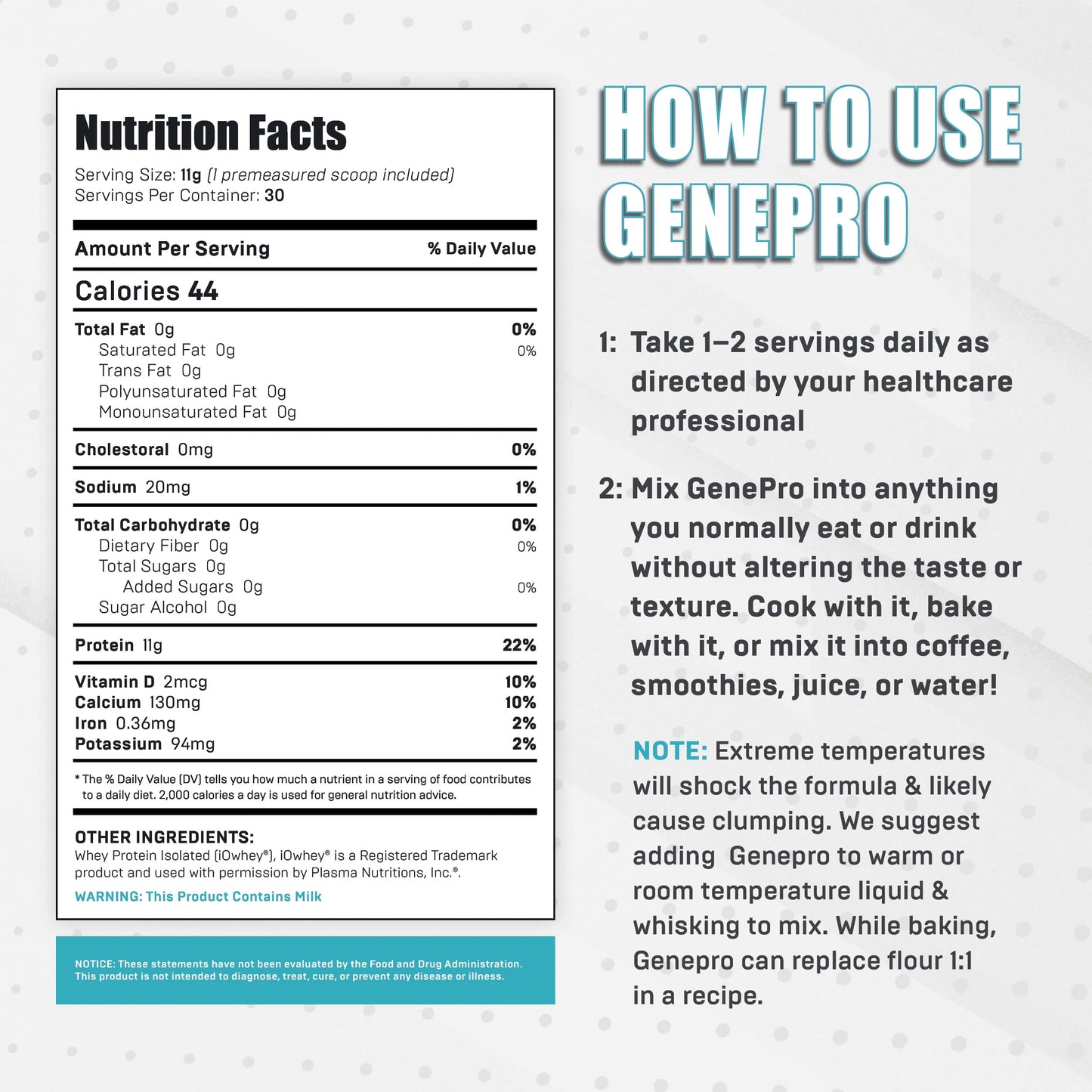 Genepro Unflavored Protein Powder - New Formula - Lactose-Free, Gluten-Free, & Non