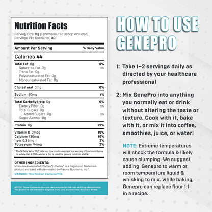 Genepro Unflavored Protein Powder - New Formula - Lactose-Free, Gluten-Free, & Non