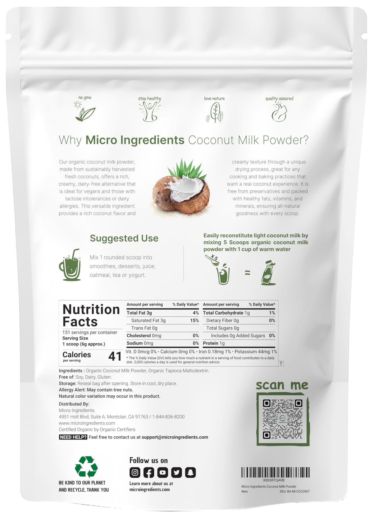 Micro Ingredients Organic Coconut Milk Powder, 2 Pound (32 Ounce), Plant-Based Creamer