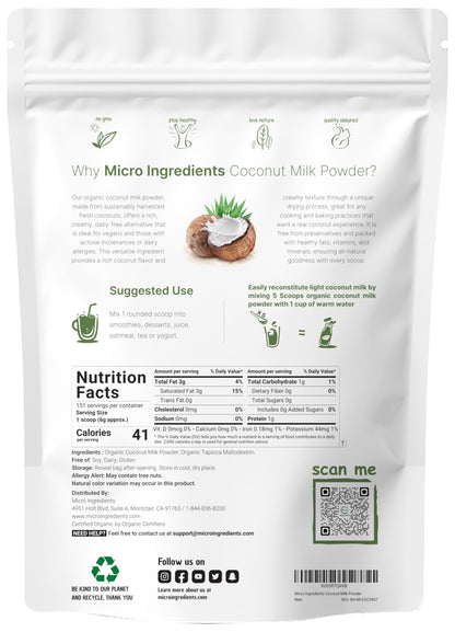 Micro Ingredients Organic Coconut Milk Powder, 2 Pound (32 Ounce), Plant-Based Creamer