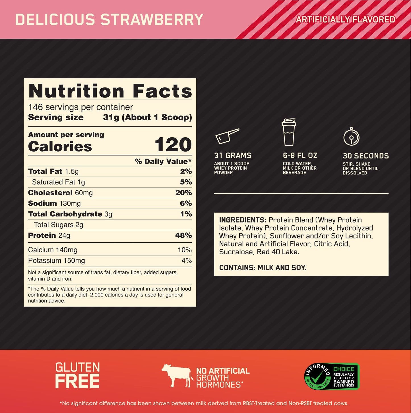 Optimum Nutrition Gold Standard 100% Whey Protein Powder, Delicious Strawberry