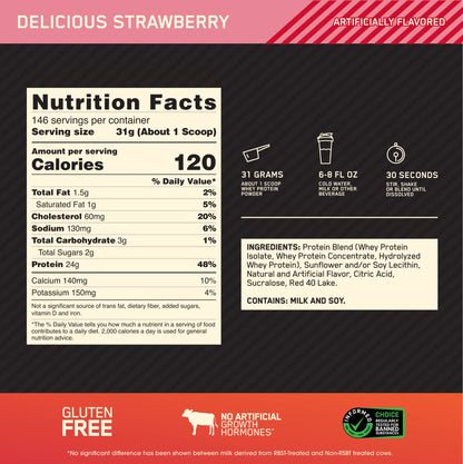 Optimum Nutrition Gold Standard 100% Whey Protein Powder, Delicious Strawberry