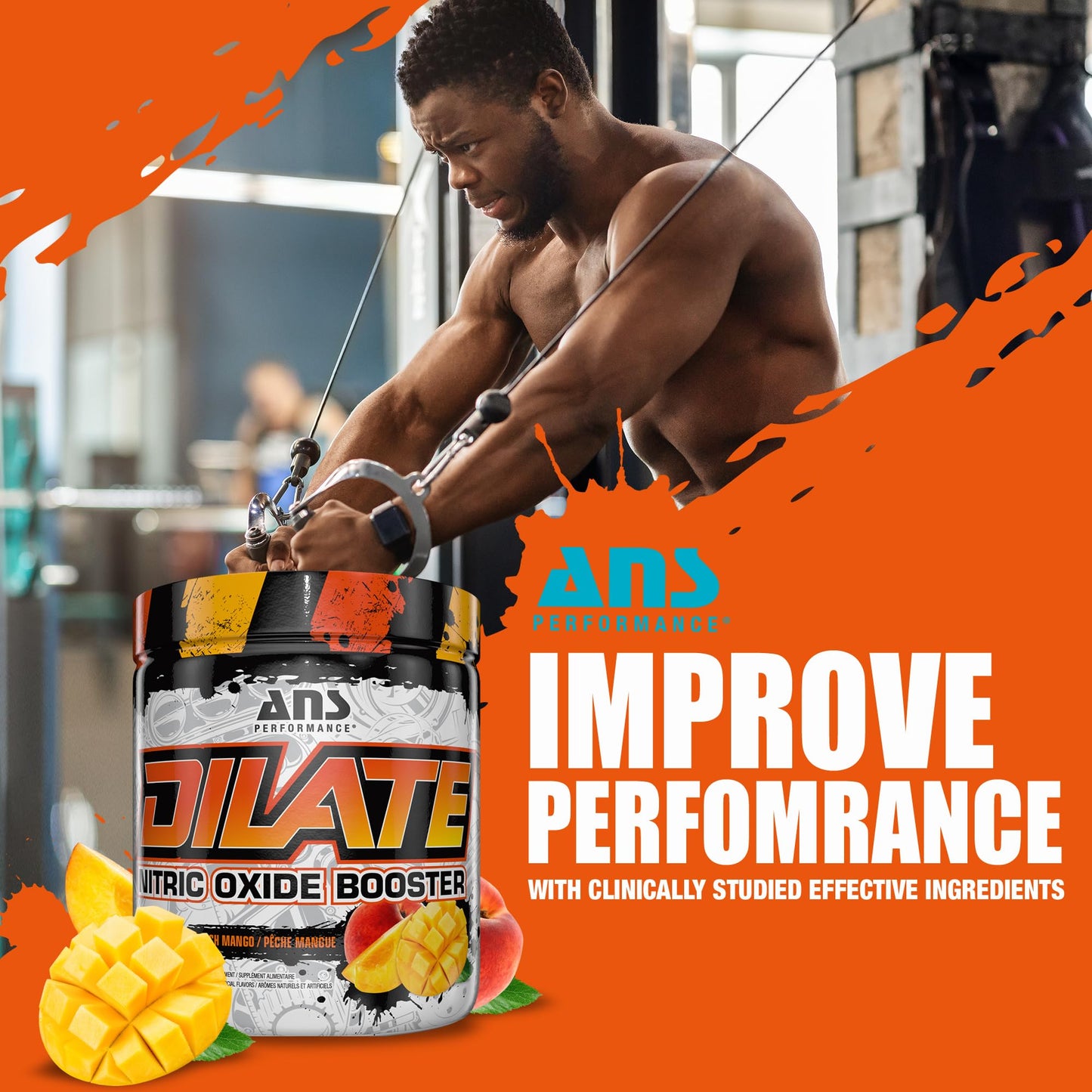 ANS Performance Dilate Pump PreWorkout Powder - Dietary Supplement - Maximizes Muscle Growth, Strength Performance - No Stims, Beta-Alanine, Creatine, Glacier Grape - 30 Servings (Peach Mango)