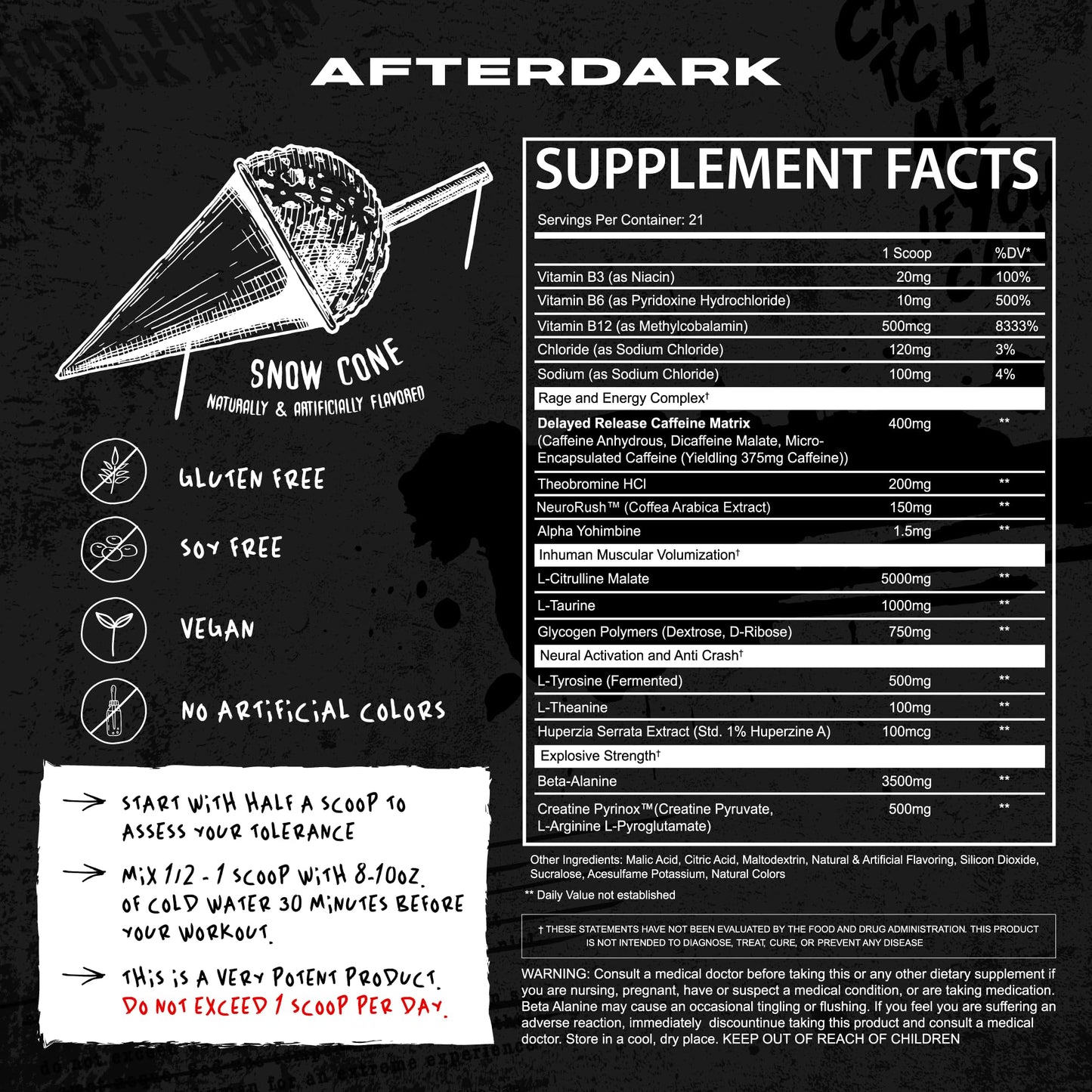 AFTERDARK INHUMAN Pre-Workout Powder, Enhanced Mind-Muscle Connection, Sustained Energy, Potent Nootropic Blend, Vegan, Gluten-Free, Soy-Free, 400mg Caffeine, No Crash, SnowCone