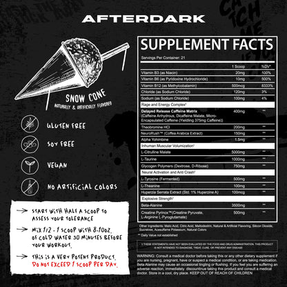 AFTERDARK INHUMAN Pre-Workout Powder, Enhanced Mind-Muscle Connection, Sustained Energy, Potent Nootropic Blend, Vegan, Gluten-Free, Soy-Free, 400mg Caffeine, No Crash, SnowCone