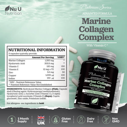 Marine Collagen with Hyaluronic Acid, Vitamin C - 90 Hydrolysed Capsules (not Tablets) - Premium High Strength Collagen