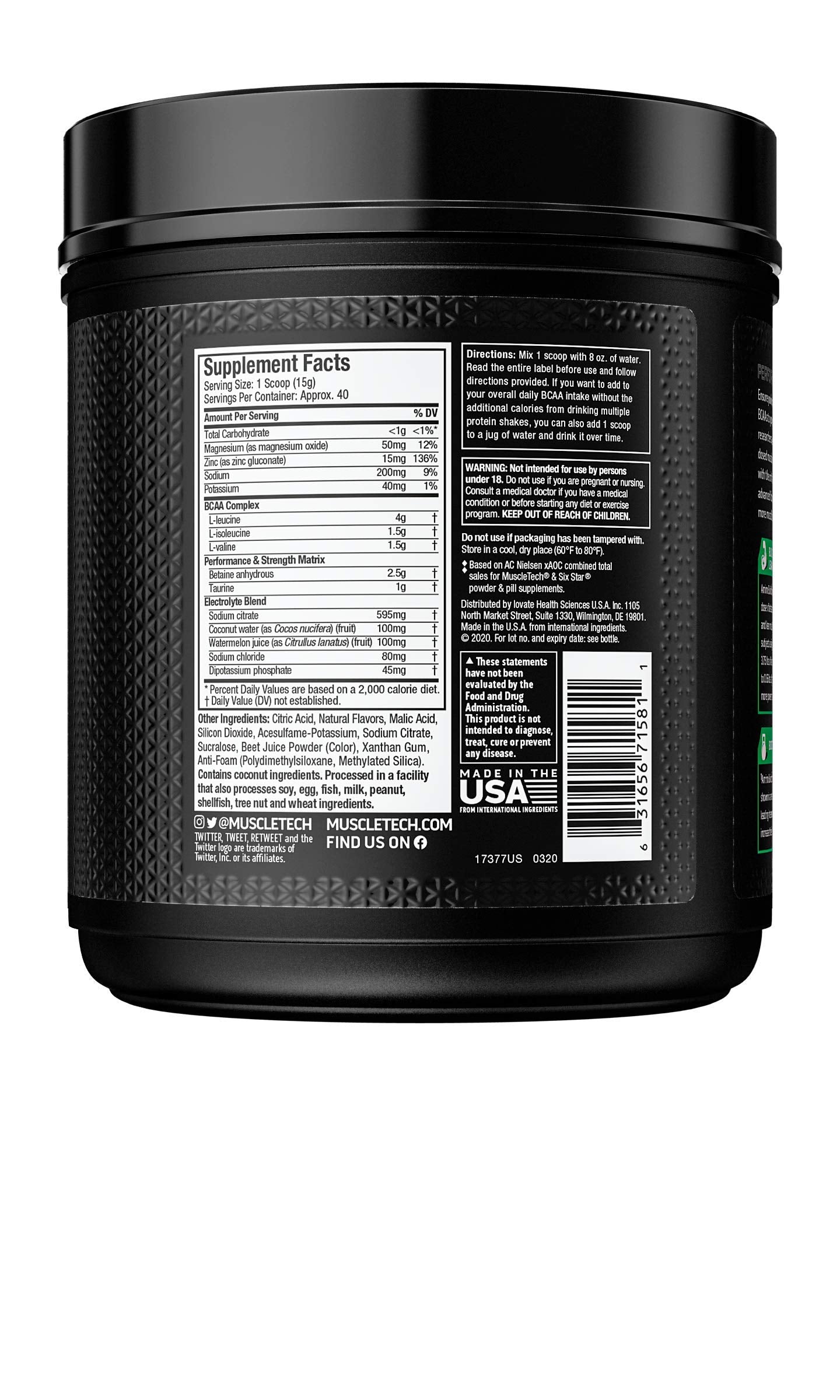 BCAA Amino Acids + Electrolyte Powder MuscleTech Amino Build 7g of BCAAs