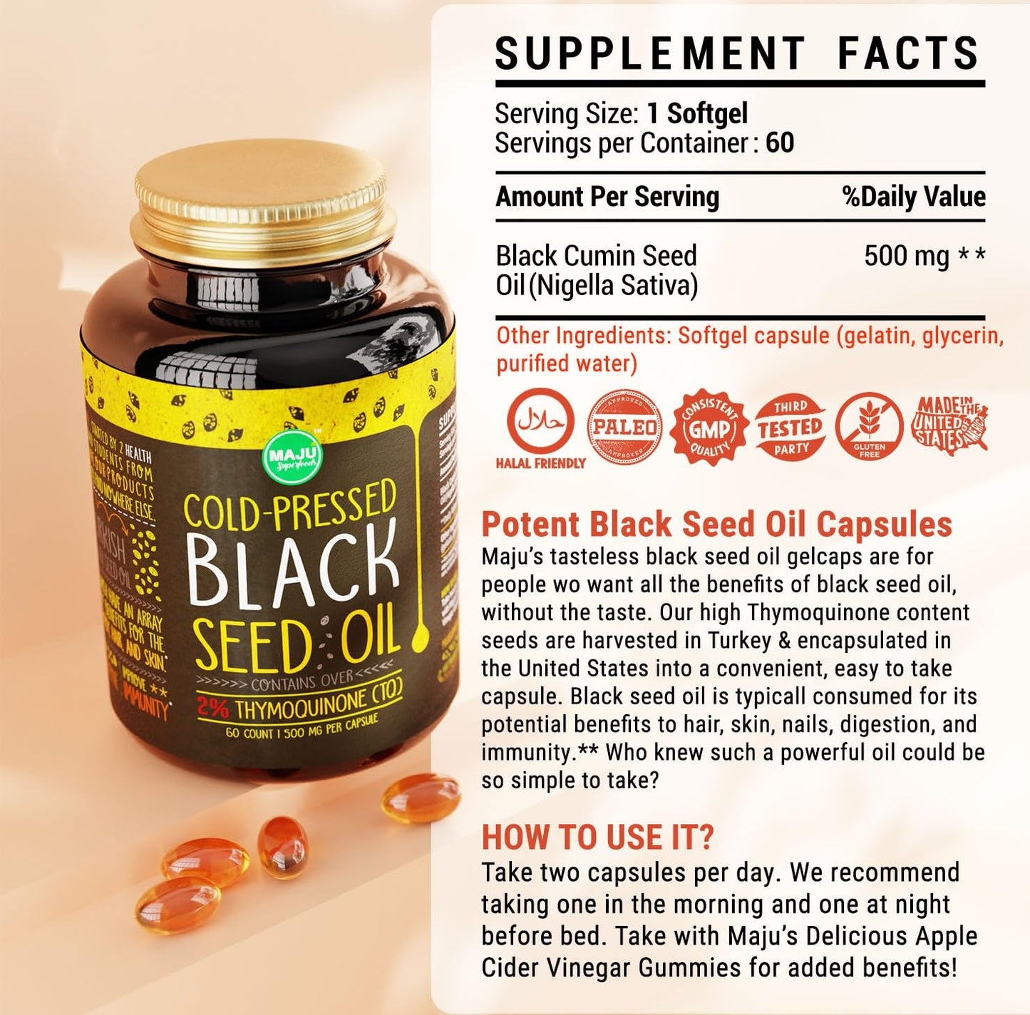 MAJU's Black Seed Oil Capsules - Cold Pressed, 2% Thymoquinone, 100% Turkish Black