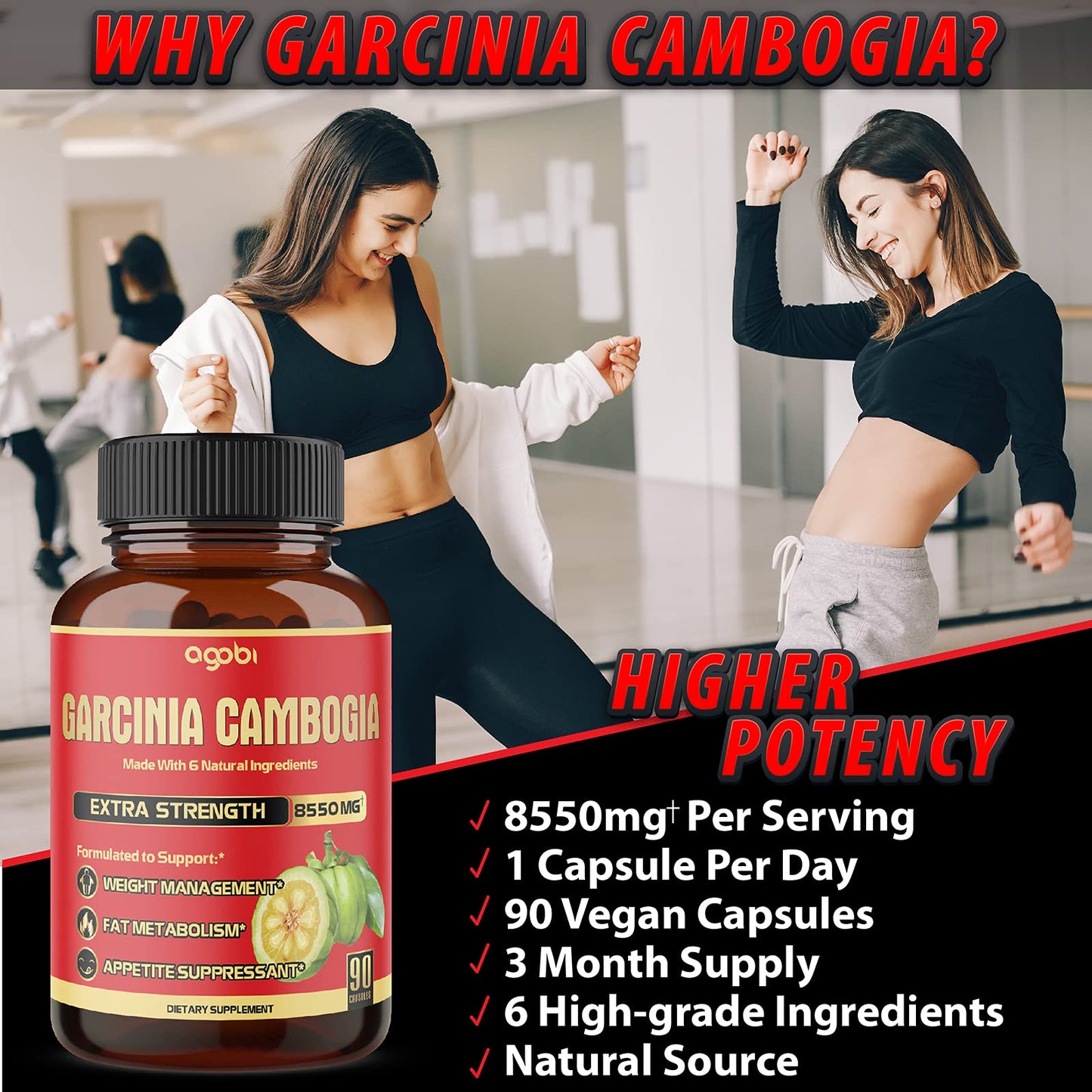 agobi Pure Garcinia Cambogia Capsules 8550mg - 6in1 with Green Tea, Arjuna, Garlic Bulb