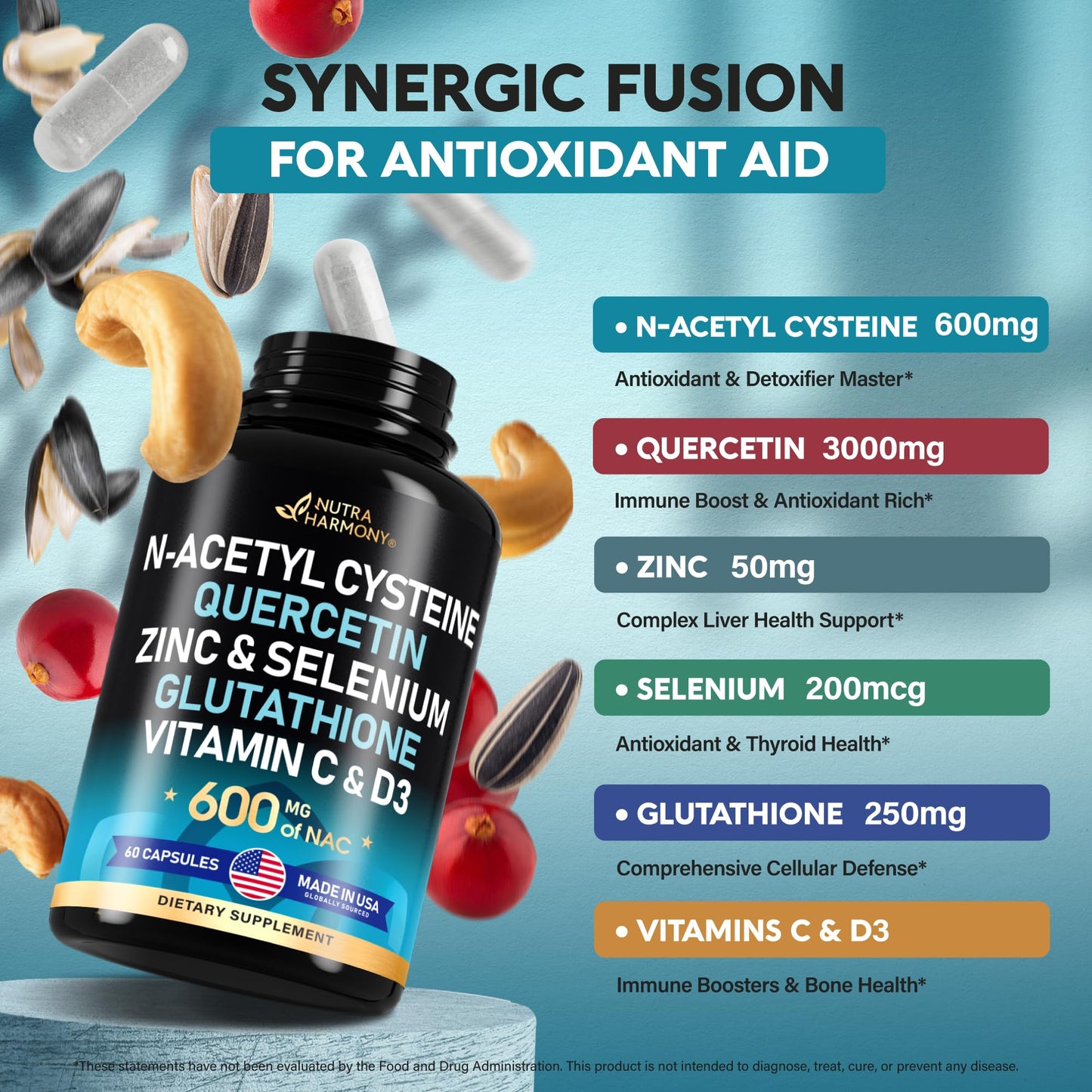 NAC 600 mg Supplement | Quercetin | Zinc | Glutathione | Selenium | Vitamin C & D3