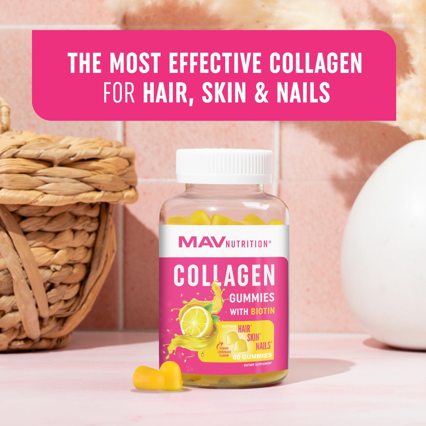 Collagen Gummies for Women | 200mg Hydrolyzed Collagen + 2500mcg Biotin, with Vitamin C, E & Zinc