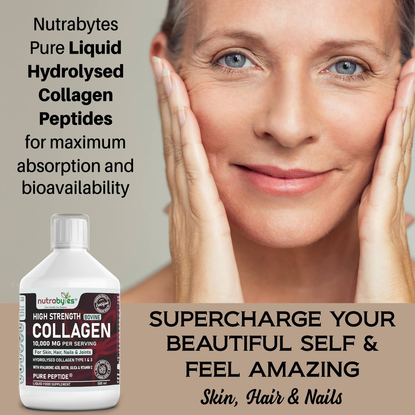 Collagen Liquid 10000mg, Hydrolysed Peptides | Hyaluronic Acid, Biotin, Silica, Vitamin C, Vitamin B12