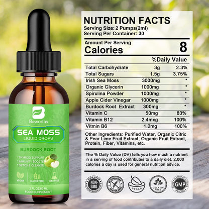 B BEWORTHS Sea Moss Liquid Drops - Organic Irish Sea Moss Gel with Burdock Root