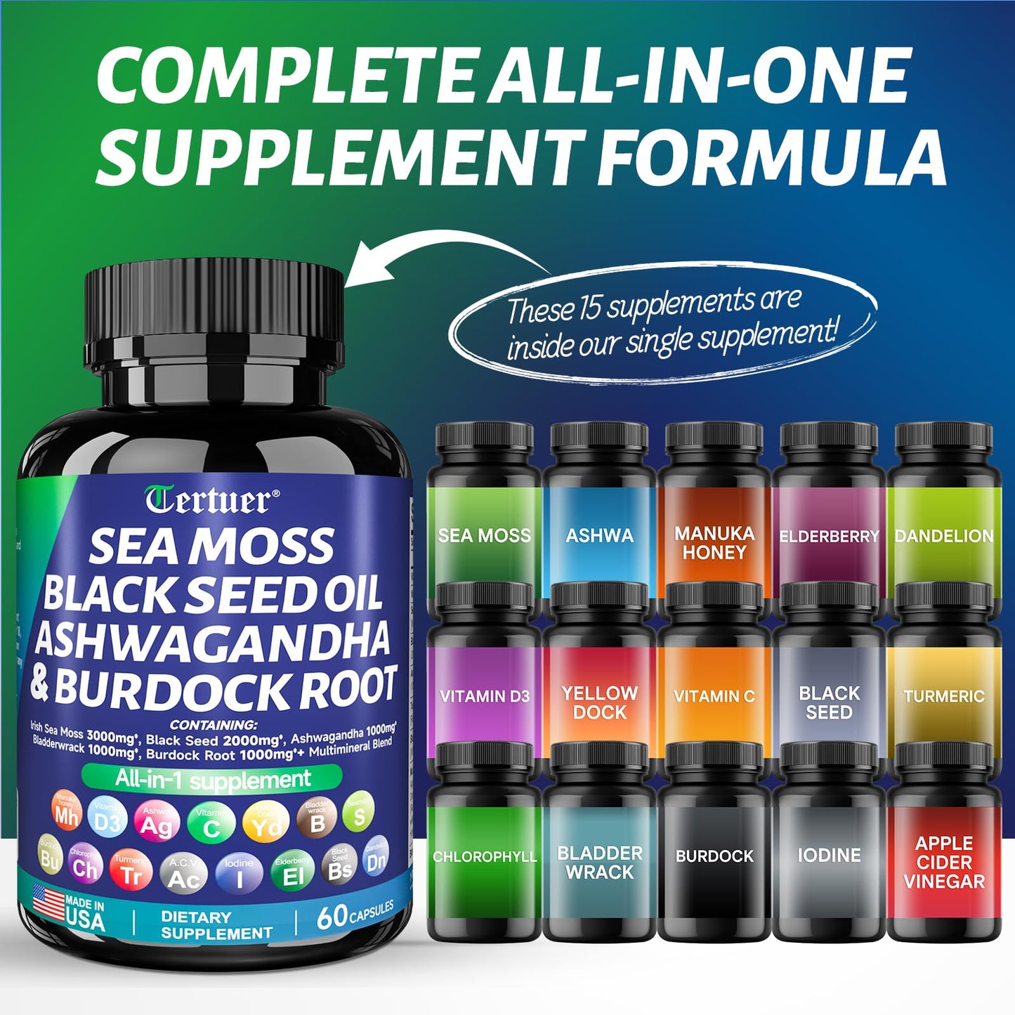 Sea Moss 3000mg Black Seed Oil 2000mg Ashwagandha 1000mg Turmeric 1000mg