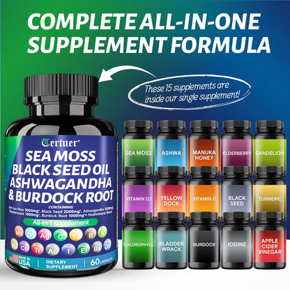 Sea Moss 3000mg Black Seed Oil 2000mg Ashwagandha 1000mg Turmeric 1000mg