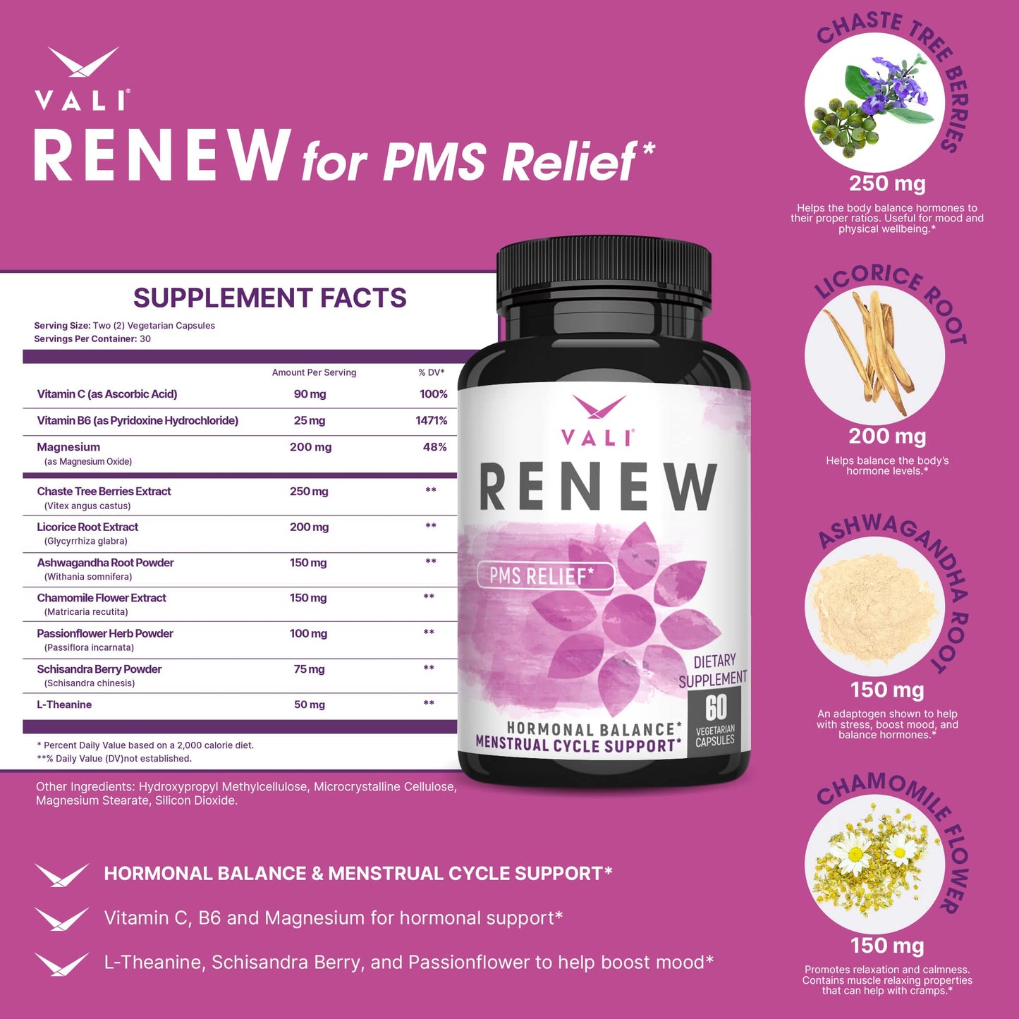 VALI Renew PMS Relief Supplement. Women’s Menstrual Cycle Support. Herbal Formula