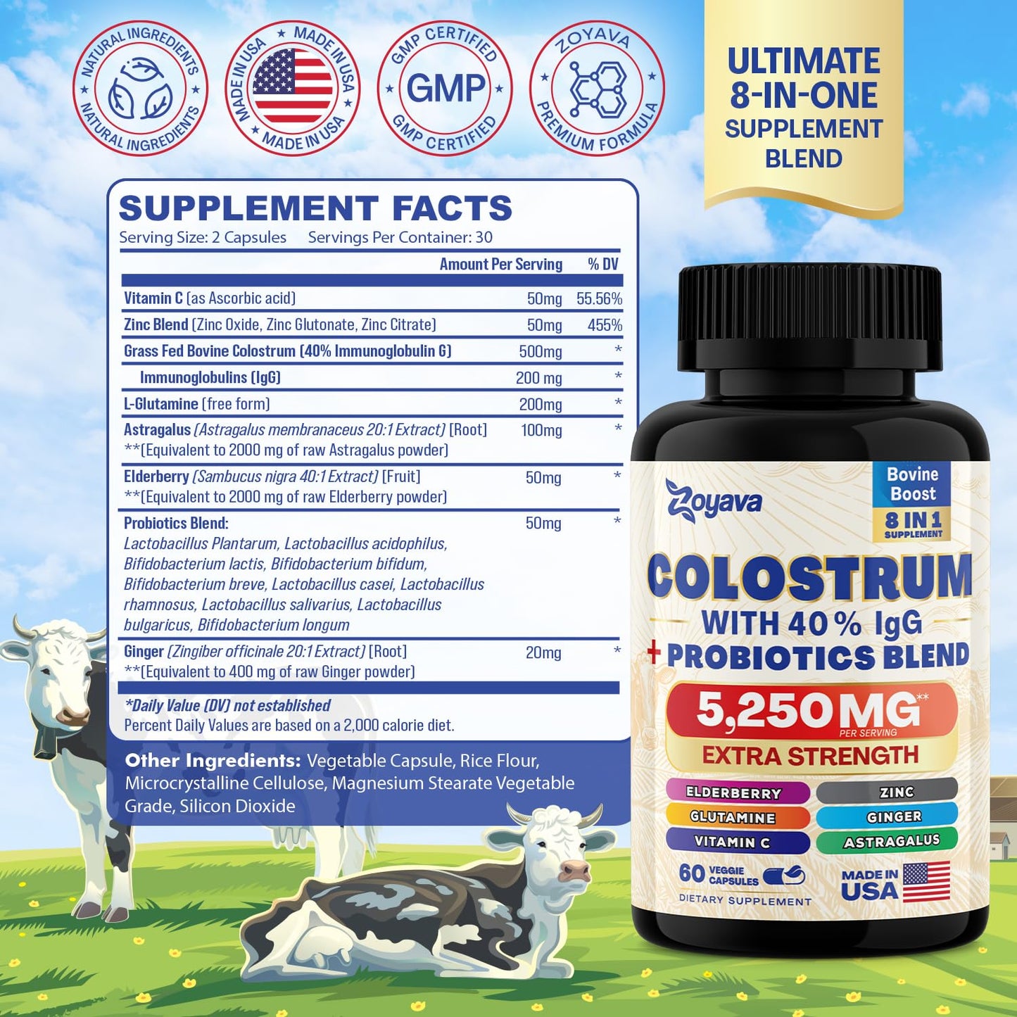 Bovine Colostrum Supplement Capsules 5250 MG, Grass Fed Cow Colostrum