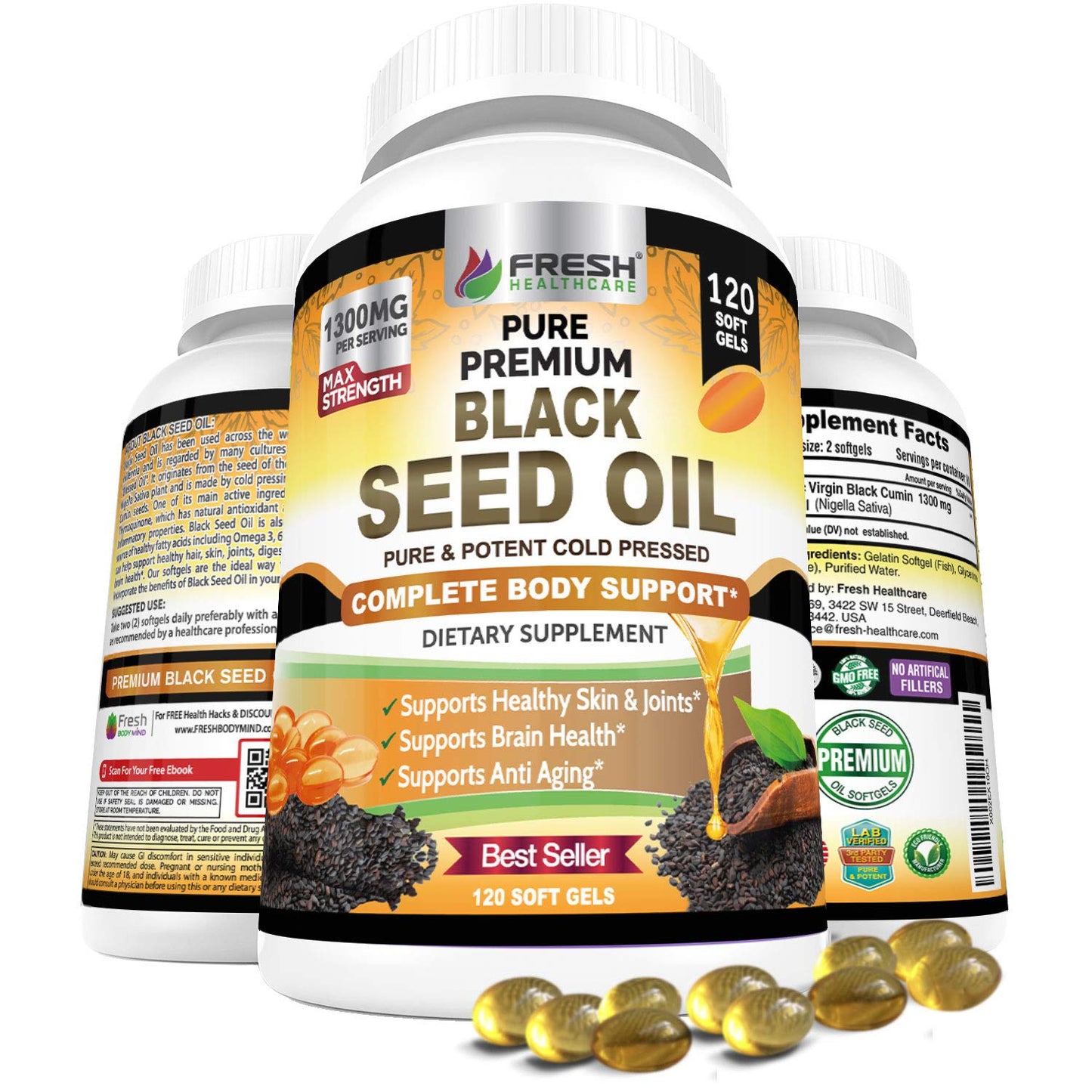 Black Seed Oil Capsules Cold Pressed 1300mg Per Serving, 100% Pure & Premium 