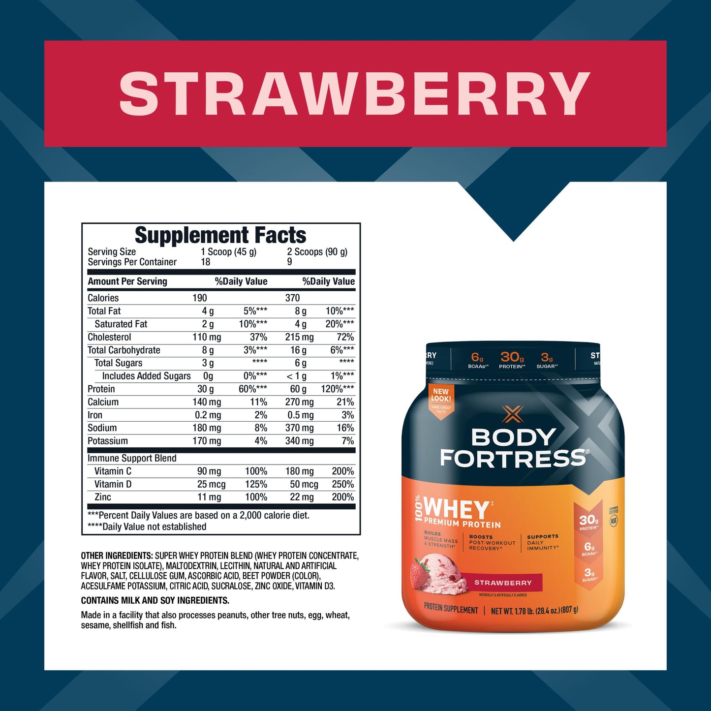 Body Fortress 100% Whey, Premium Protein Powder, Strawberry, 1.78lbs Packaging May