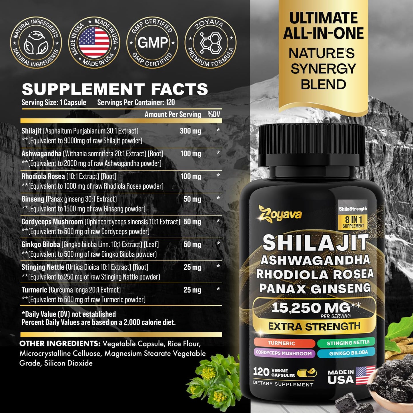 Zoyava Shilajit 9000MG Radiant Health Blend Ashwagandha 2000MG Rhodiola Rosea