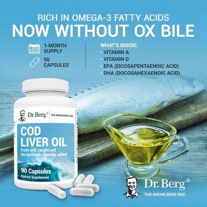 Dr. Berg Cod Liver Oil Capsules - New Formula Without OxBile - Rich in Omega-3 Fatty