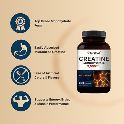 Creatine Monohydrate 3,000mg Per Serving, 300 Capsules – Micronized – Unflavored