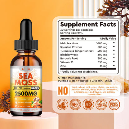 Sea Moss Liquid Drops: Organic Irish Sea Moss 2500mg with Turmeric, Bladderwrack