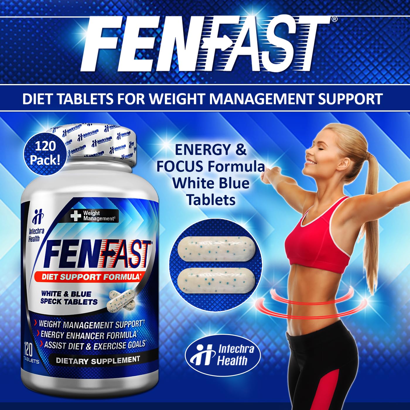 FASTCUT Fen►Fast Weight Management Supplement with Powerful Energy Boost 120 White Blue Tablets