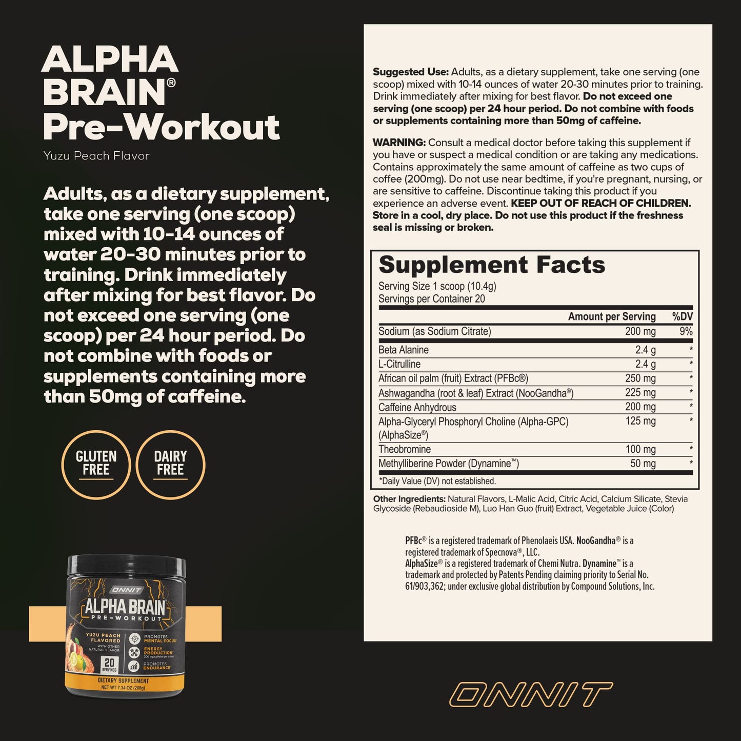 ONNIT Alpha Brain Pre-Workout - Yuzu Peach (20 Serving Tub)