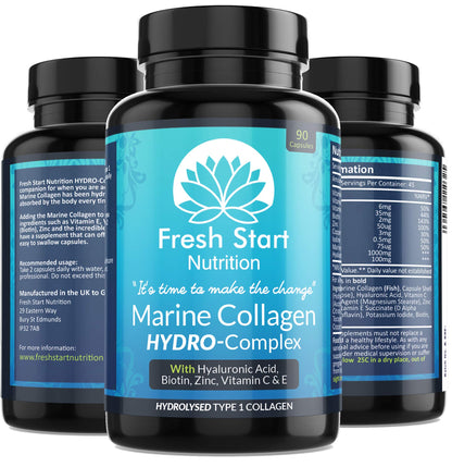 Marine Collagen Tablets 1000mg - 90 Premium Type 1 Hydrolysed Collagen Capsules with Hyaluronic Acid