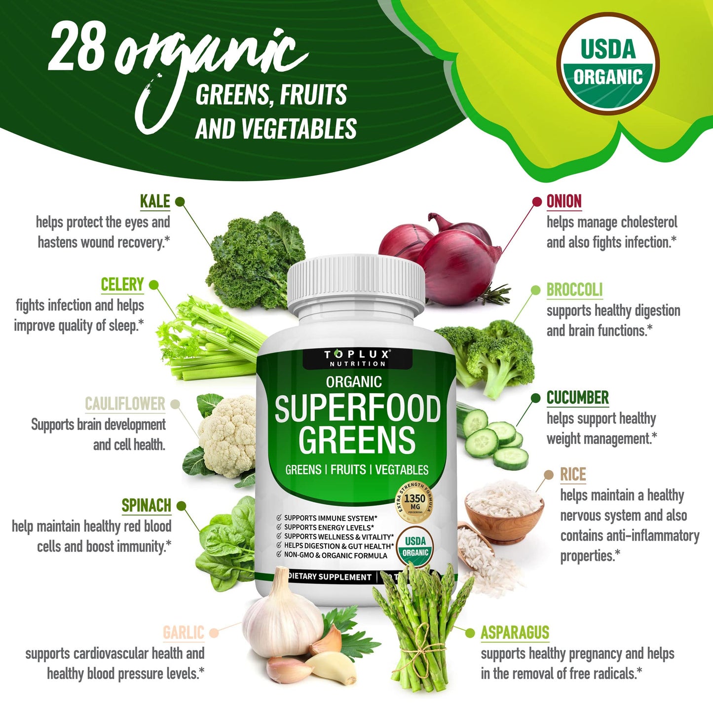 Organic Super Greens Capsules Superfood Fruit Veggie Supplement - 28 Powerful Natural