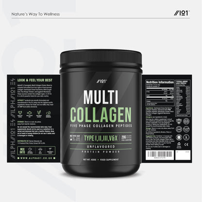 Multi Collagen Protein Powder (400g) - Types I, II, III, V & X - Hydrolyzed Grass Fed Bovine, Wild Caught Fish