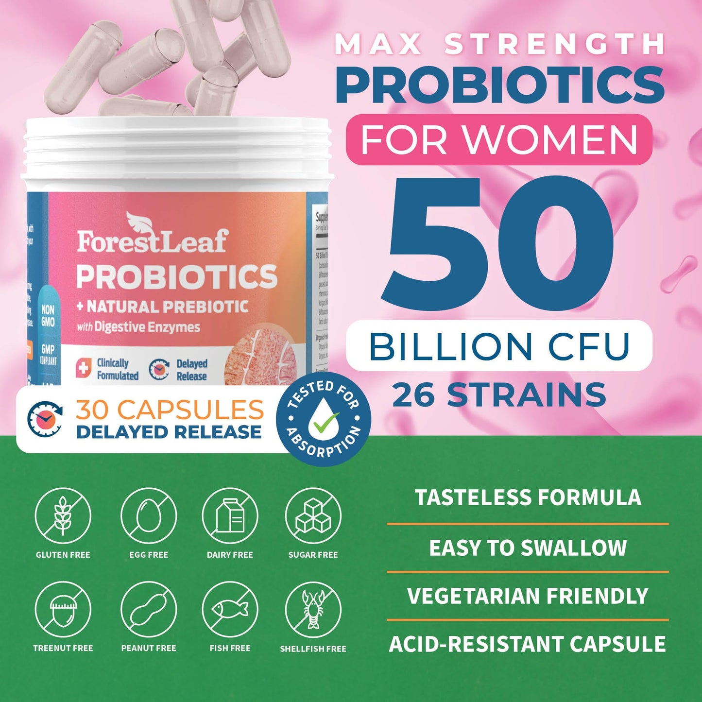 ForestLeaf Womens Probiotic 50 Billion CFU with Organic Prebiotics, Digestive Enzymes