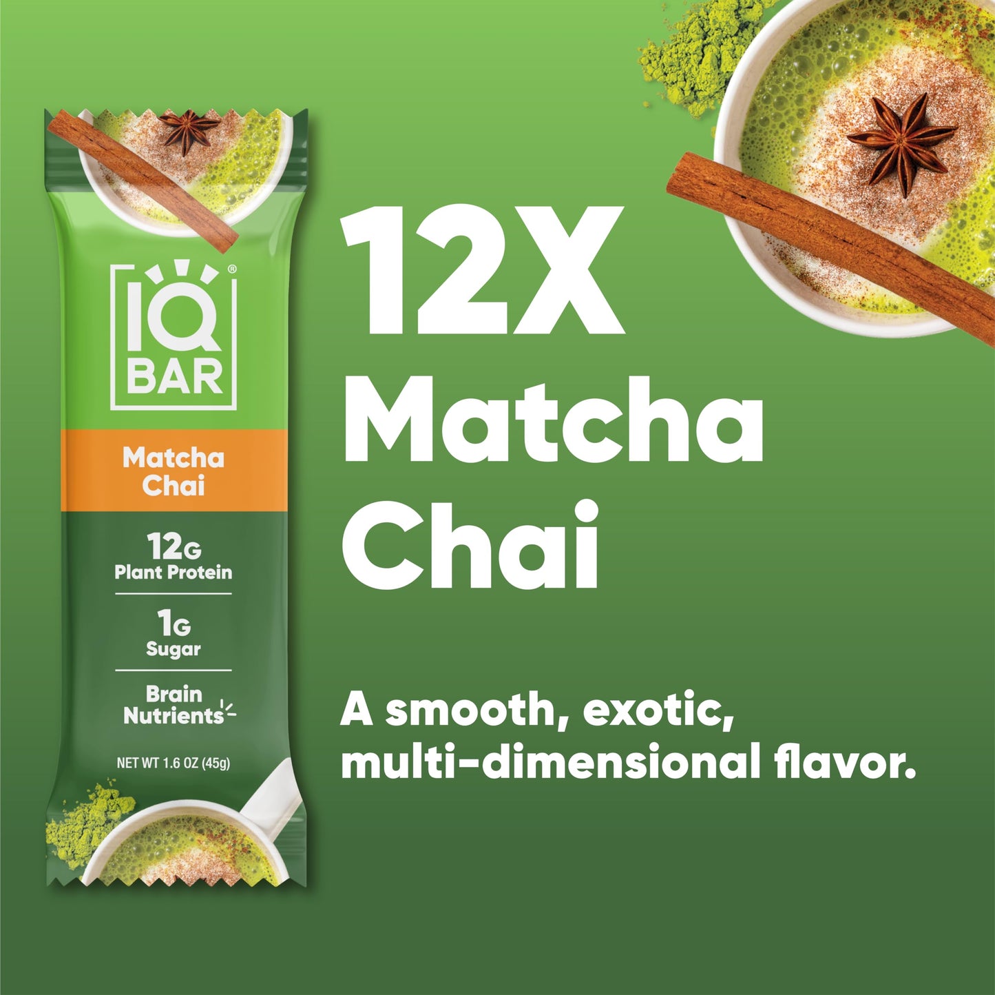 IQBAR Brain and Body Plant Protein Bars - Matcha Chai - 12 Count, Low Carb, High Fiber