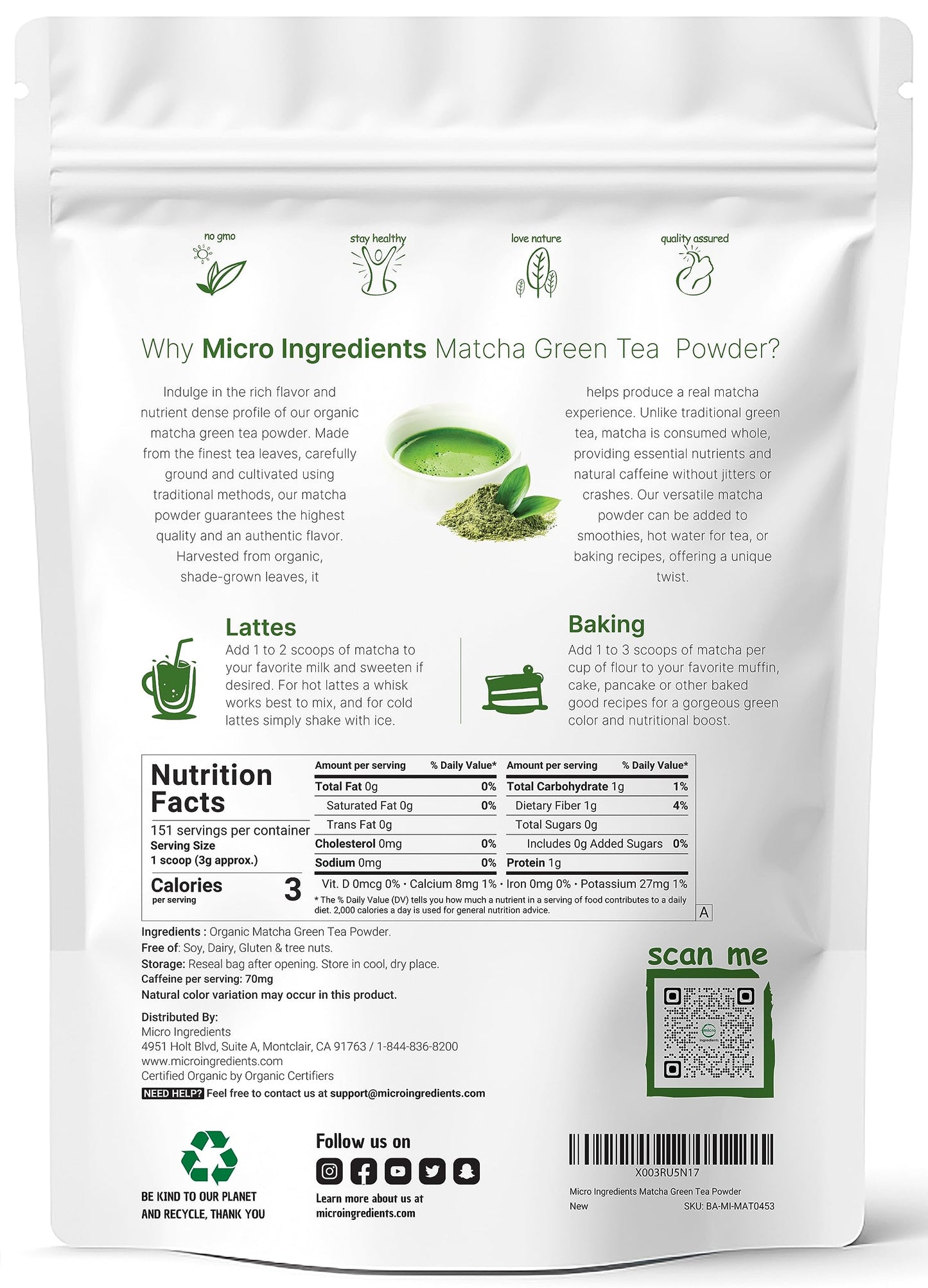 Micro Ingredients Organic Matcha Green Tea Powder, 1lb | Premium First Harvest Japanese