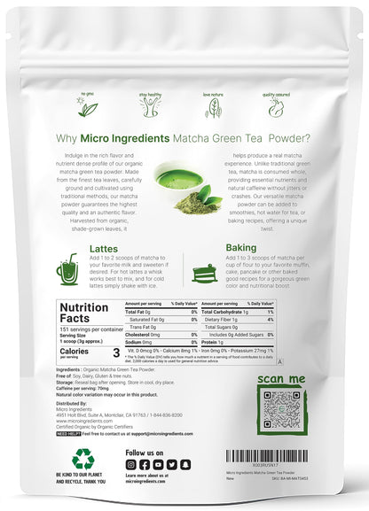 Micro Ingredients Organic Matcha Green Tea Powder, 1lb | Premium First Harvest Japanese