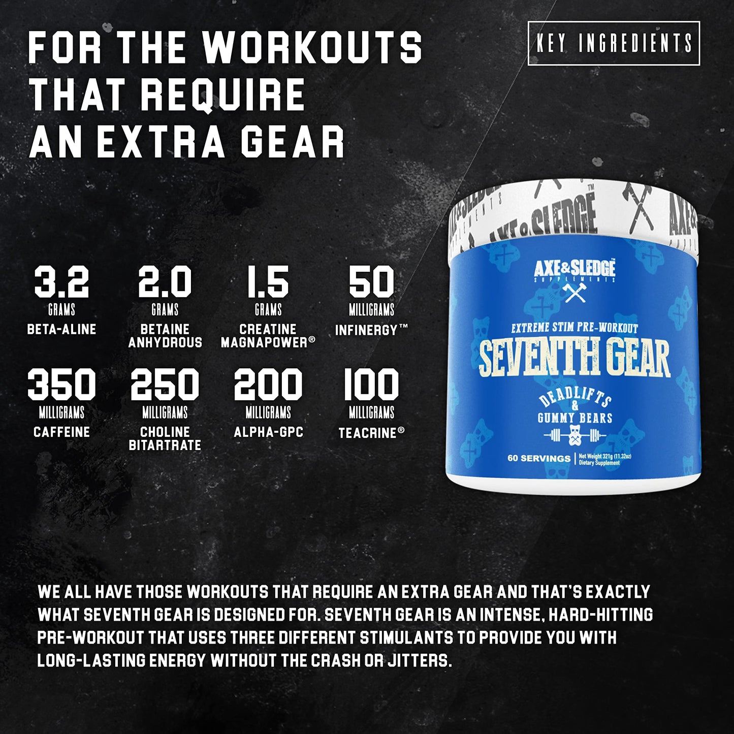 Axe & Sledge Supplements Seventh Gear Extreme Stimulant-Based Pre-Workout with TeaCrine, Infinergy, Creatine MagnaPower, Bioperine, 60 Servings (Deadlifts & Gummy Bears)