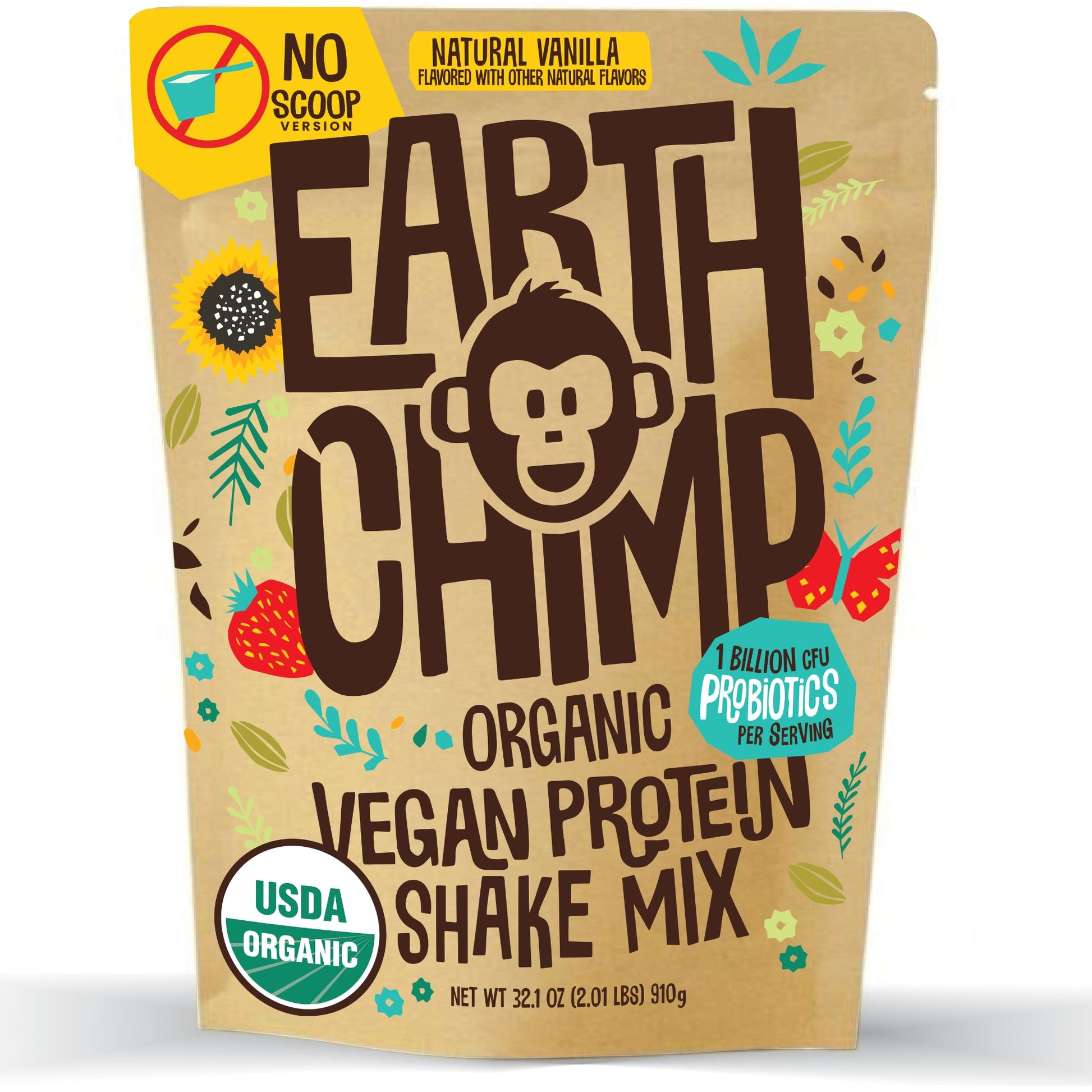 EarthChimp Organic Vegan Protein Powder - with Probiotics - Non GMO, Dairy Free