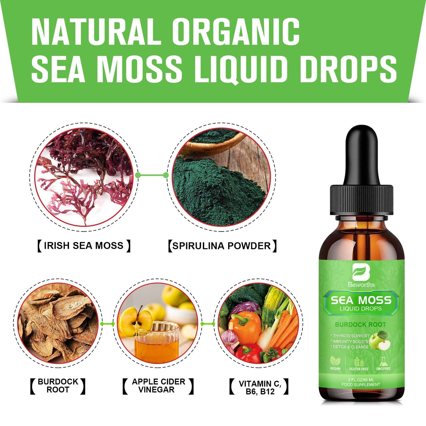 B BEWORTHS Sea Moss Liquid Drops - Organic Irish Sea Moss Gel with Burdock Root