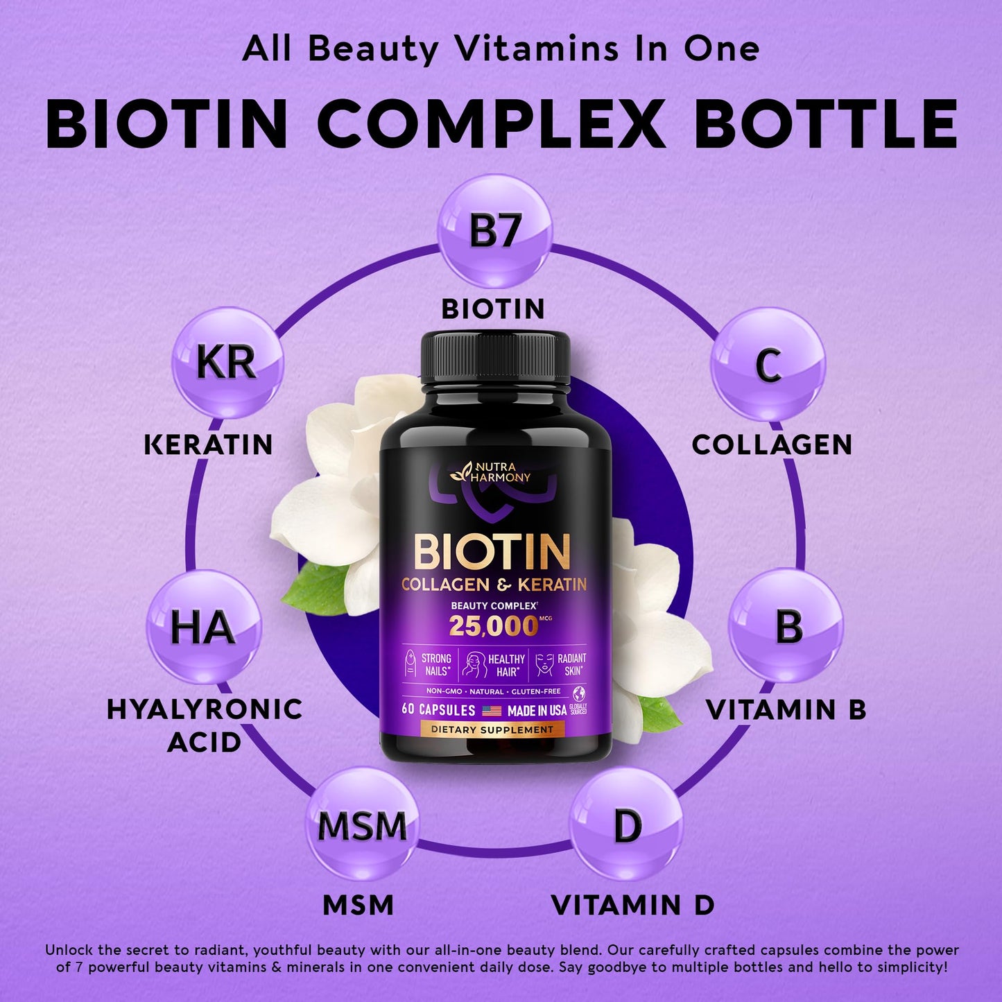 Biotin | Collagen | Keratin | Hyaluronic Acid - Hair Growth Support Pills, 25000 mcg