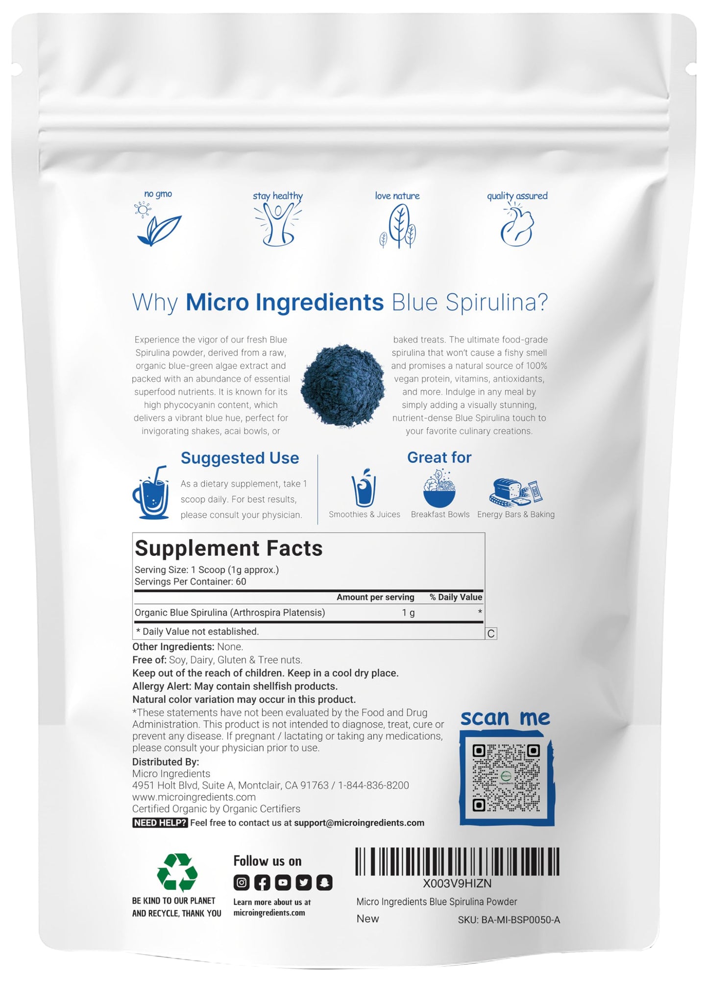 Organic Blue Spirulina Powder (Phycocyanin Extract), 60 Servings - No Fishy Smell